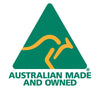 Green triangle with gold kangaroo Australian Made logo. Text Australian Made and Owned at bottom of triangle. 