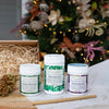 Wheatgrass Capsules, Alkalise Green & Go and Acai Berry Beautiful packed in a cardboard gift box with a bamboo straw with a christmas tree in the background