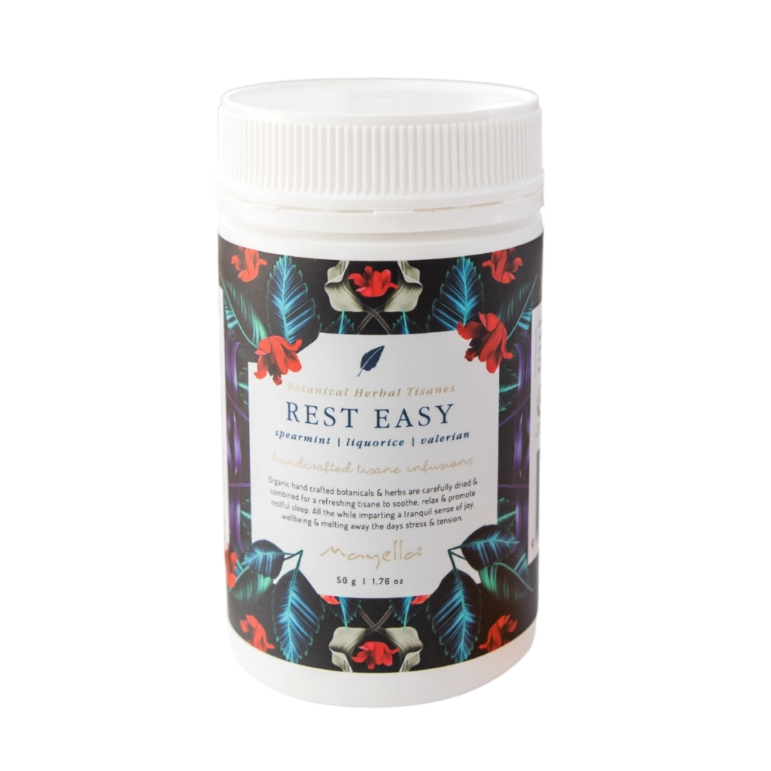 tub of rest easy tisane with a red, blue, green and purple floral design on a white background
