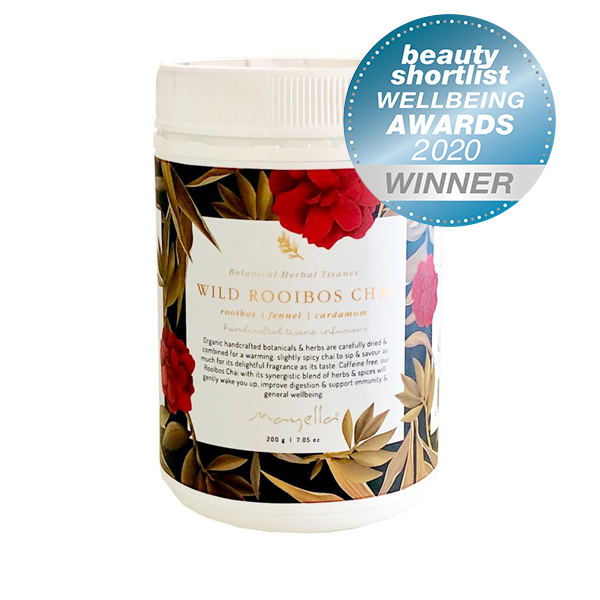 wild rooibos chai in a white tub on a white background with an award sticker that reads beauty shortlist awards 2020 winner