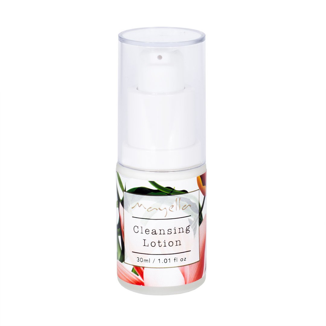 bottle of mayella cleansing lotion in a 15ml glass pump bottle with a white background