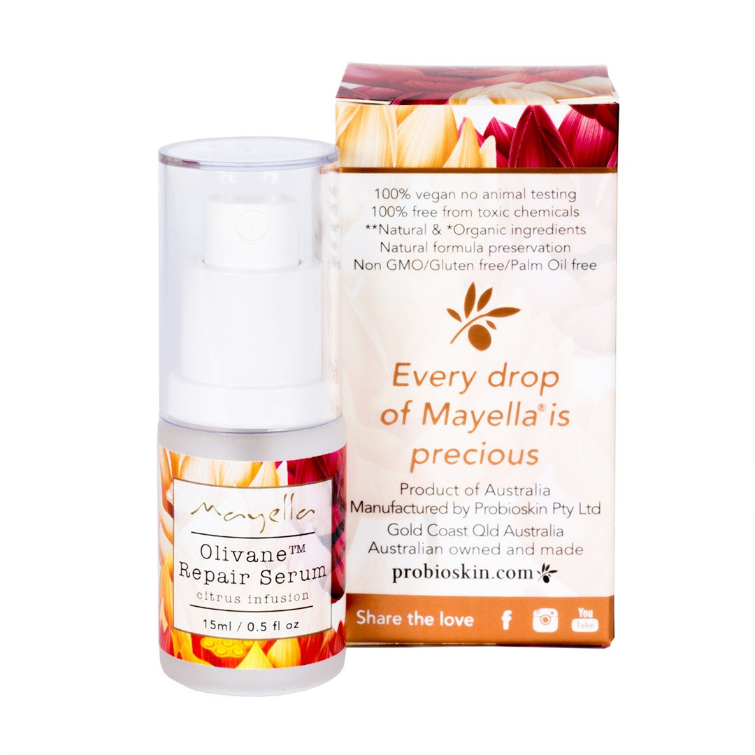 bottle of mayella olivane repair serum citrus infusion in a 15ml glass pump bottle next to its box with a white background