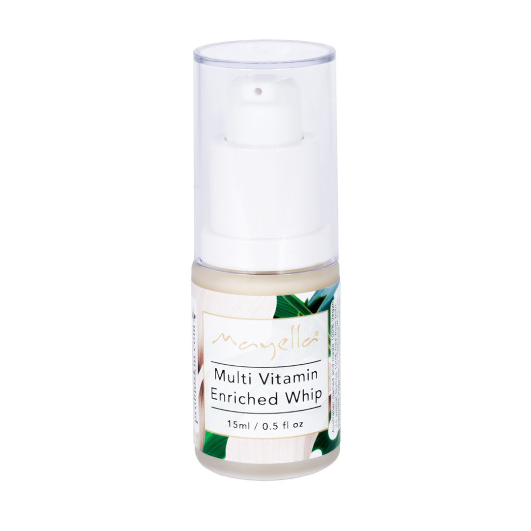 bottle of multi vitamin enriched whip in a 15ml glass pump bottle with a white background