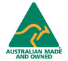 australian made and owned logo consisting of a green triangle with the outline of a gold kangaroo inside