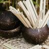 one high-set coconut bowl filled with bamboo straws next to a stack of three low-set coconut bowls