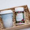 Mayella Skin Tonic organic tea in a cardboard gift box packed with a ceramic takeaway tea cup