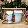 Mayella Beauty and Brains organic tea in a cardboard gift box packed with a ceramic takeaway tea cup