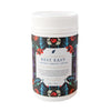 tub of rest easy tisane with a red, blue, green and purple floral design on a white background