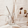 glass mason jar with a handle holding two metal straws with a beige material blocking out the background and a branch peeking through with some dry brown leaves