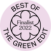 Finalist 2022 logo for Mayella Sunshine & Hemp Protein Blend Best of The Green Edit awards  Pink circle with black text, a flower in the centre stating Finalist 2022.